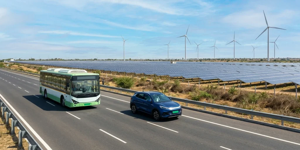 Electric bus and electric car with green number plates on an Indian expressway lined with solar panels and wind turbines