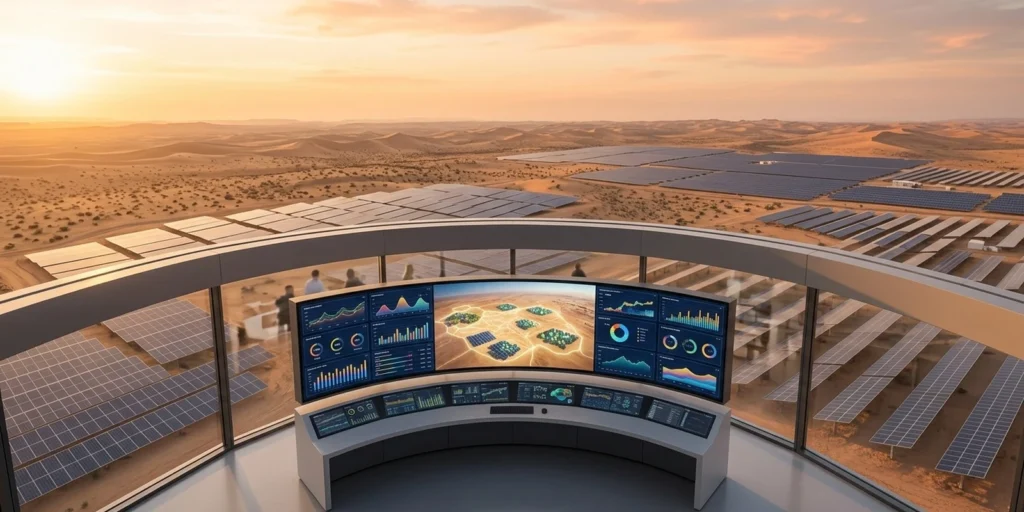 RRECL's DRE-PMT dashboard for Rajasthan renewable energy monitoring, overlooking a solar farm