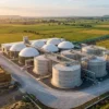 GOBARdhan compressed biogas scheme India — aerial view of a compressed biogas (CBG) production plant with digester tanks, feedstock bales and a gas pipeline