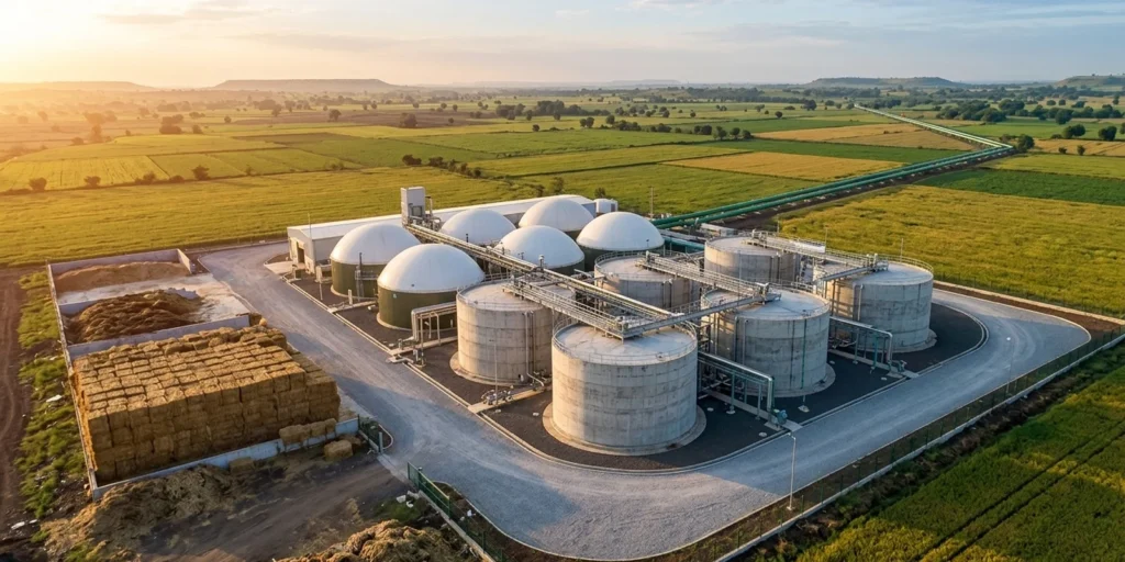 GOBARdhan compressed biogas scheme India — aerial view of a compressed biogas (CBG) production plant with digester tanks, feedstock bales and a gas pipeline
