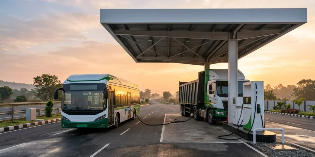 Green hydrogen vehicles pilot India — hydrogen fuel-cell bus and hydrogen truck refuelling at a highway hydrogen station