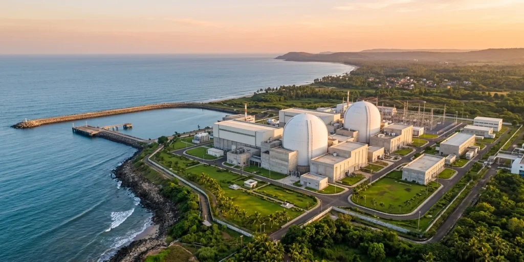 Aerial view of an Indian coastal nuclear power station at sunset, illustrating the nuclear energy CO2 emissions avoided in India