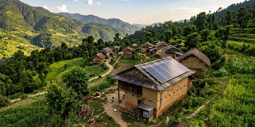 PM-JANMAN solar electrification for tribal households: an off-grid rooftop solar panel installed on a tribal home in rural India