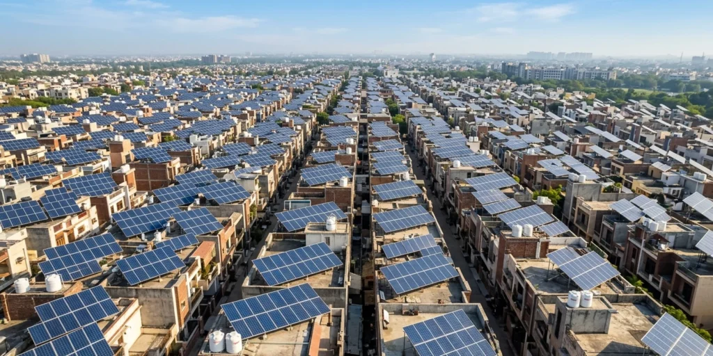 Aerial view of Indian residential rooftops covered in solar panels, illustrating PM Surya Ghar's 50 lakh households milestone