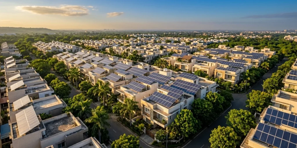 Rooftop solar panels on Indian homes under the PM Surya Ghar rooftop solar households scheme