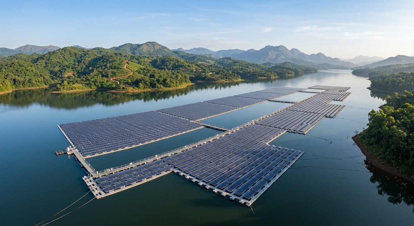 Floating solar panels covering an Indian reservoir under the PM Surya Sarovar Yojana floating solar scheme