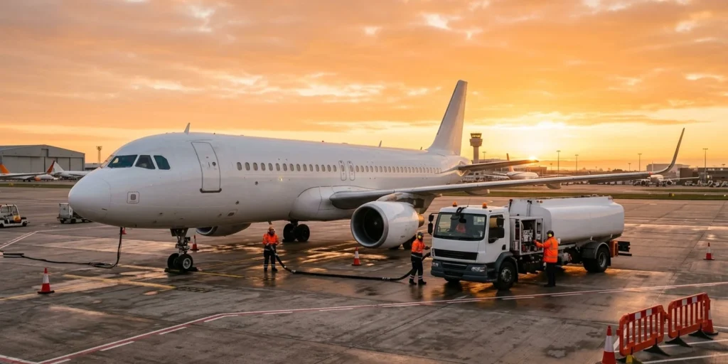 Commercial aircraft being refuelled on an airport tarmac at sunrise, representing India's sustainable aviation fuel and CORSIA mandate