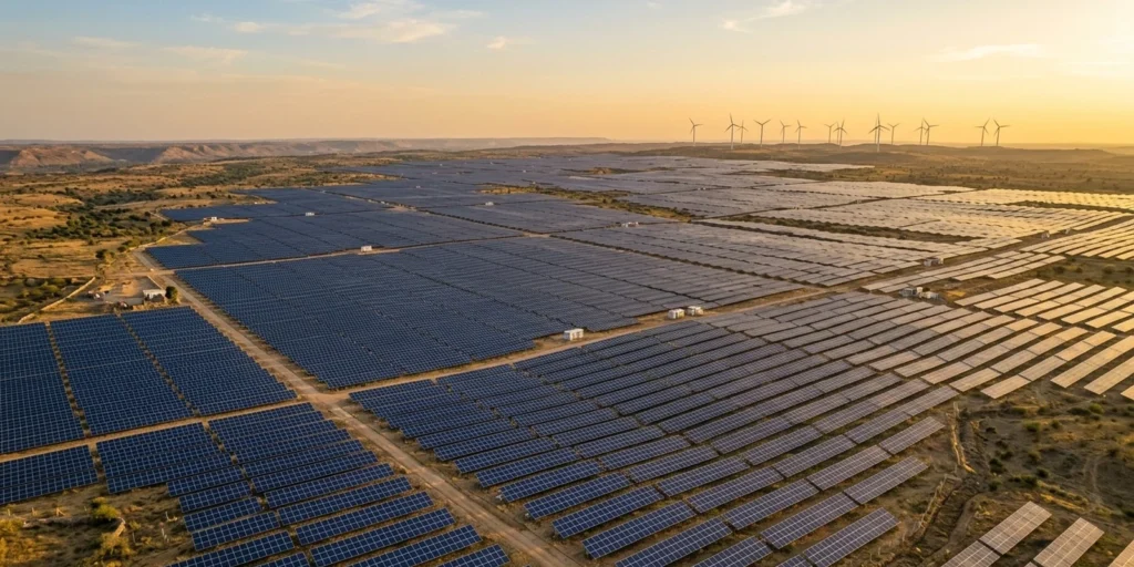 Aerial view of a large solar and wind power plant in India, representing India's non-fossil power capacity crossing 300 GW