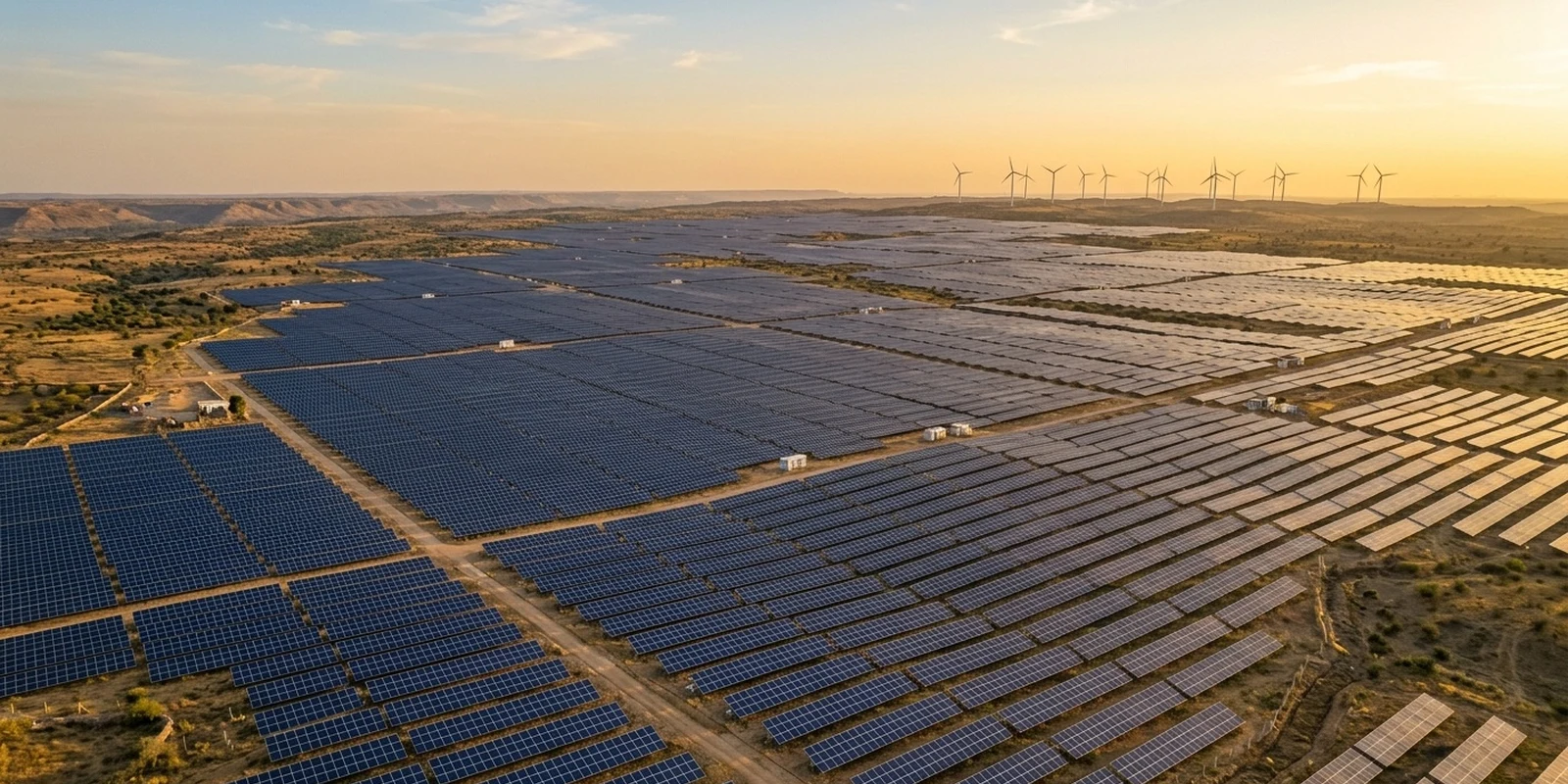 Aerial view of a large solar and wind power plant in India, representing India's non-fossil power capacity crossing 300 GW