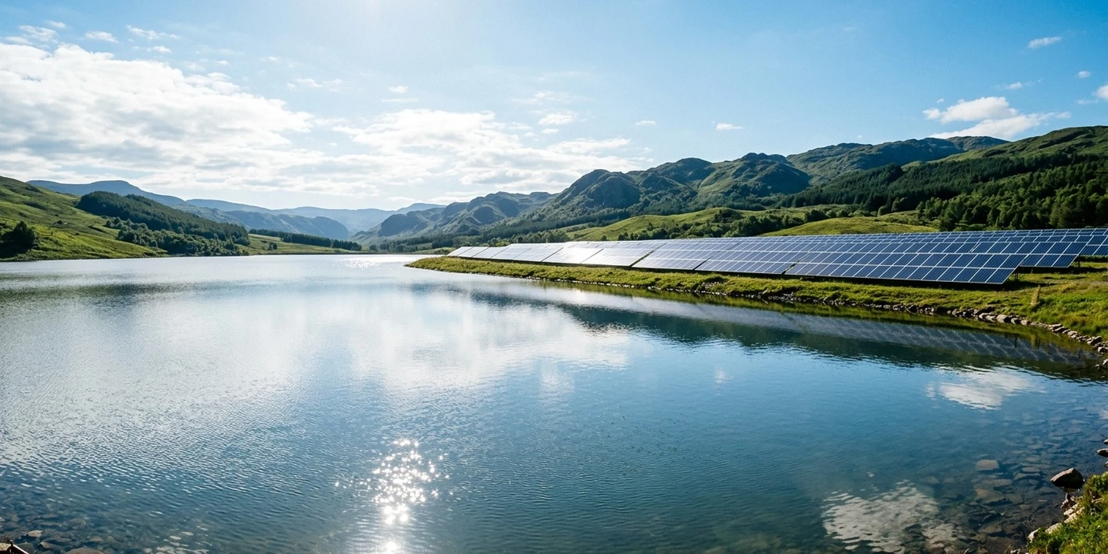 Sunlight on a reservoir beside a solar array, illustrating green hydrogen photocatalyst research India using sunlight to split water