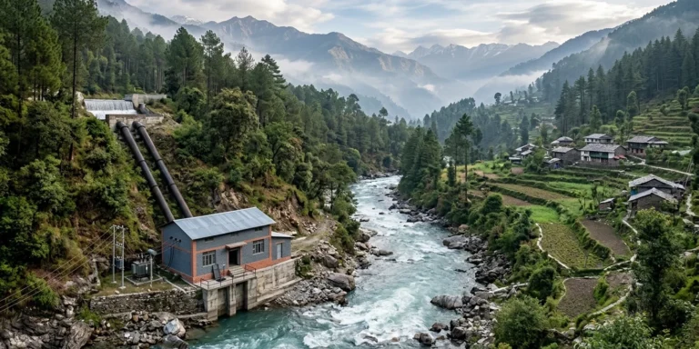 Run-of-river powerhouse and penstocks on a Himalayan river, illustrating India's small hydro power scheme