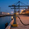 Shore power cable running from a quayside pedestal to a berthed cargo ship at an Indian port, illustrating India green shipping corridors and port electrification