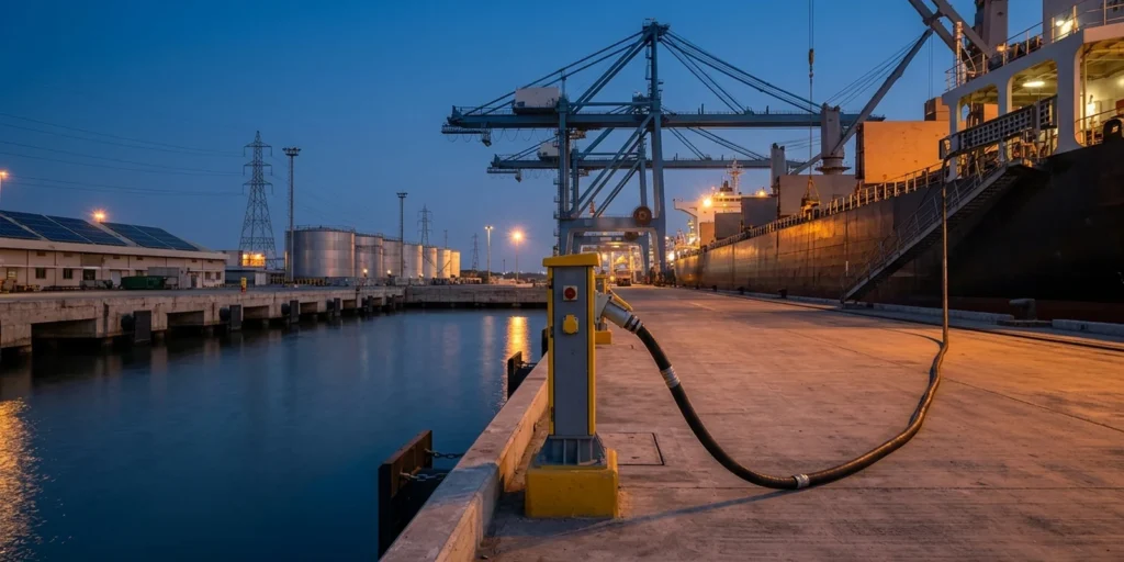 Shore power cable running from a quayside pedestal to a berthed cargo ship at an Indian port, illustrating India green shipping corridors and port electrification