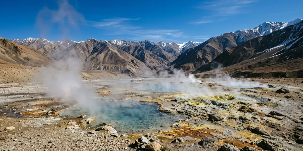 Steaming geothermal hot springs in a high-altitude Ladakh valley, illustrating India geothermal power potential
