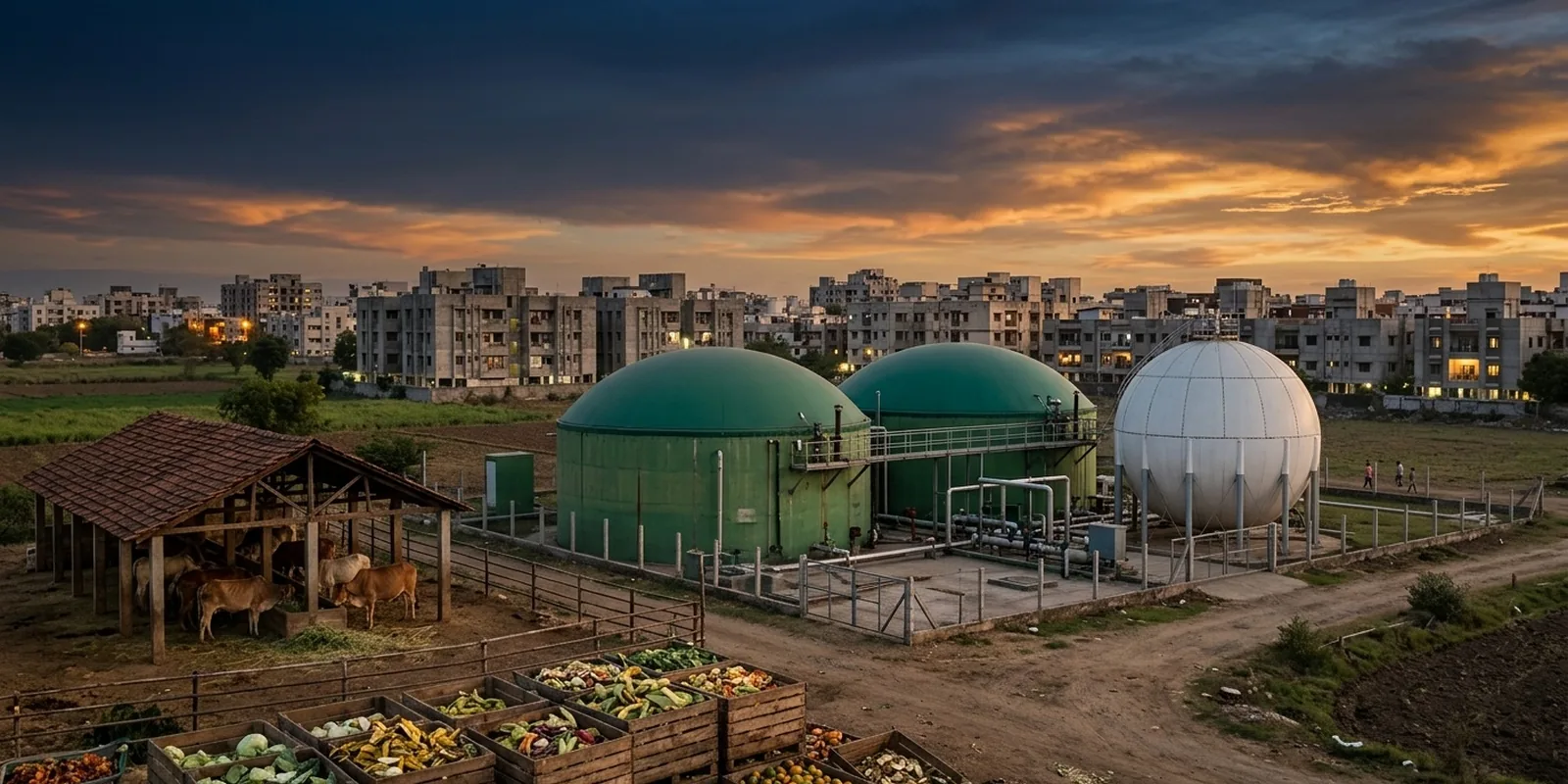 Biogas from organic waste in India: green anaerobic digester tanks and a gas-holder sphere beside a cowshed and crates of vegetable waste