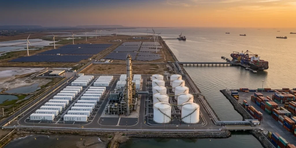 e-methanol plant Kandla: green shipping fuel production facility with electrolysers, storage tanks and solar and wind power at an Indian seaport