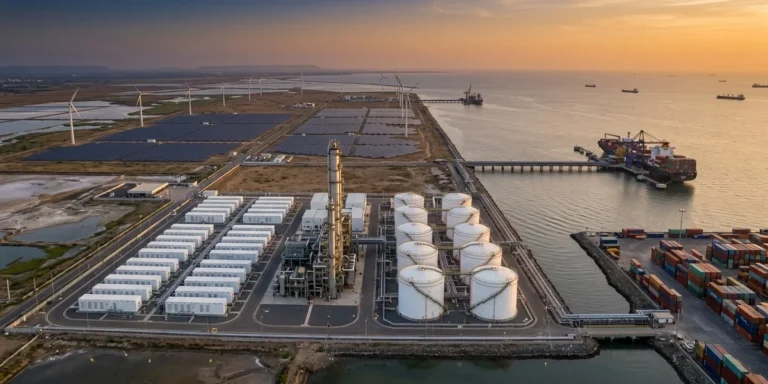 e-methanol plant Kandla: green shipping fuel production facility with electrolysers, storage tanks and solar and wind power at an Indian seaport