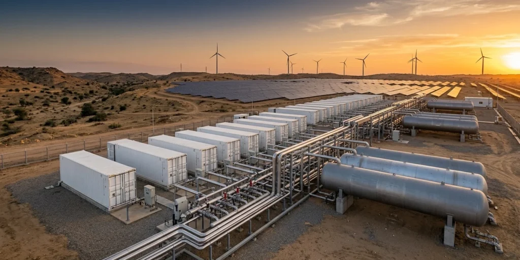 India hydrogen standards: a green hydrogen plant with electrolyser containers, steel storage tanks and pipework beside a solar and wind farm at sunset