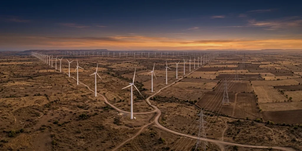 India wind energy capacity: rows of onshore wind turbines and a transmission line across the plains of western India at dusk